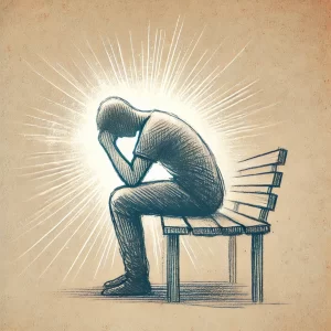 Hand-drawn sketch of a person sitting on a bench with their head in their hands, symbolizing anxiety or distress, with light radiating behind them.