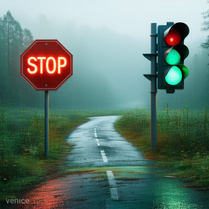 A stop sign and a traffic light showing "Go" is in front of a path. You can choose to delay and not go forward.