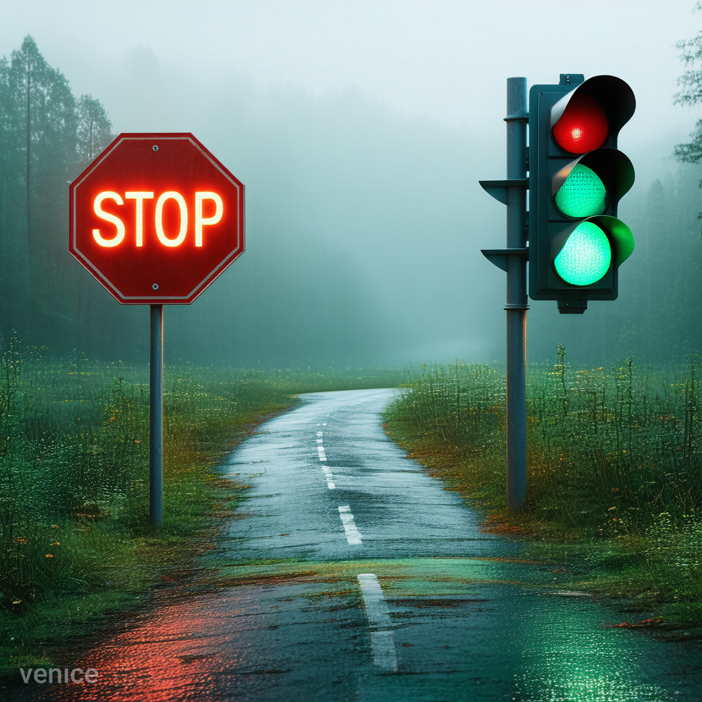 A stop sign and a traffic light showing "Go" is in front of a path. You can choose to delay and not go forward.